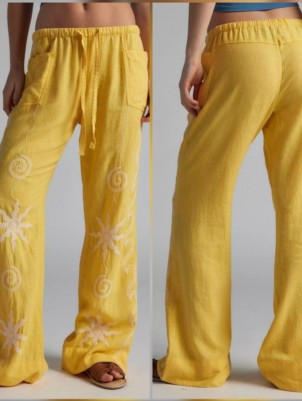 Urban Outfitters NEW UO Amelie Yellow Embroidered Wide Leg Linen Pants SZ Large